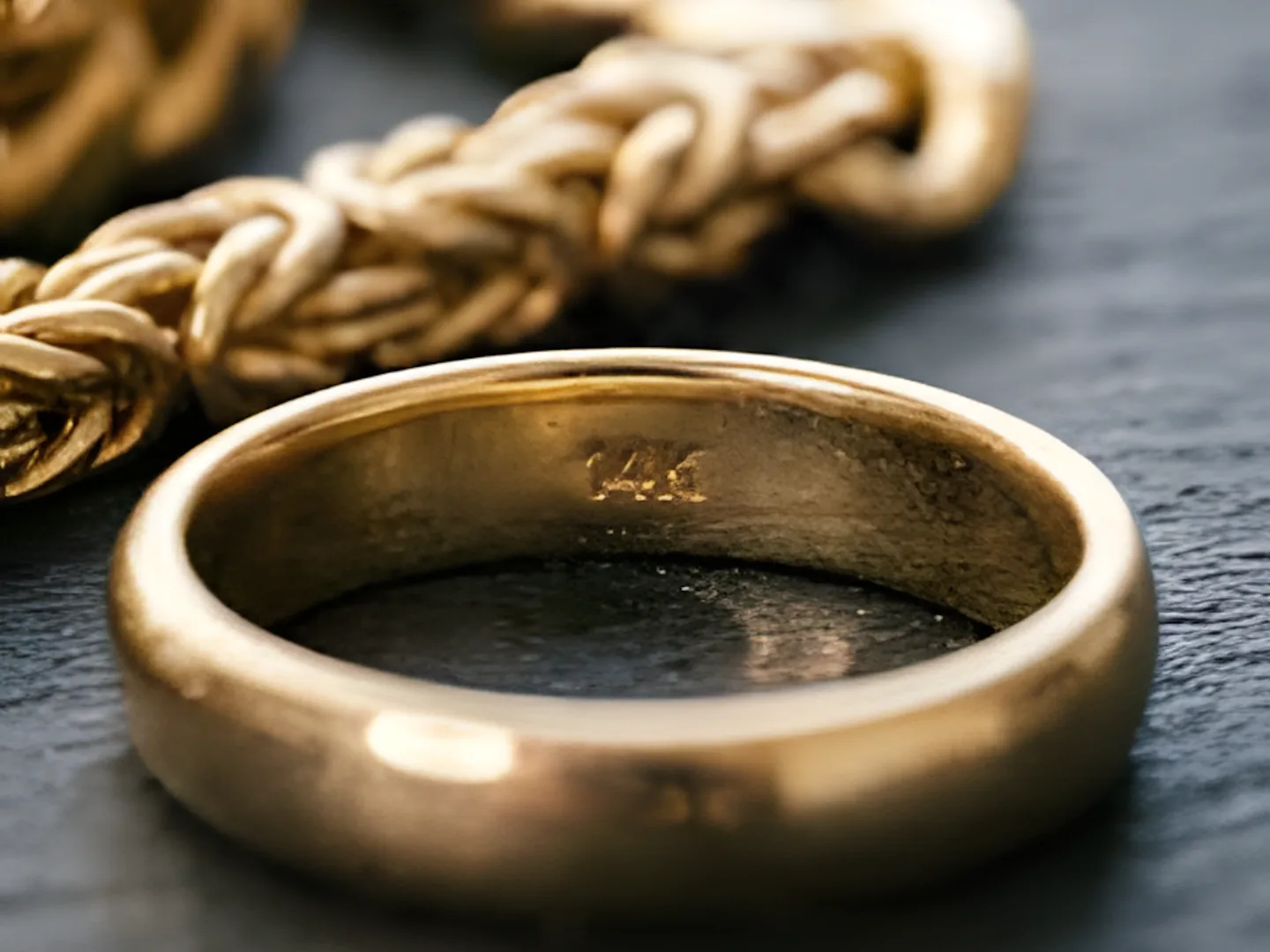 The inside of a gold band showing a 14K karat stamp, with a heavy gold chain behind it.