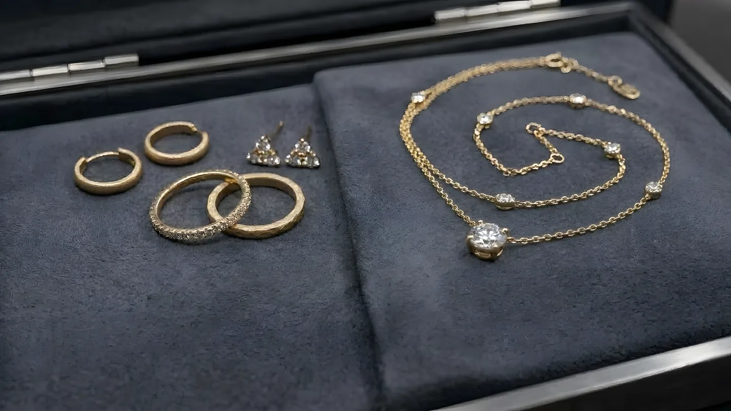 Gold rings, diamond studs and fine chains laid out in a grey presentation tray.