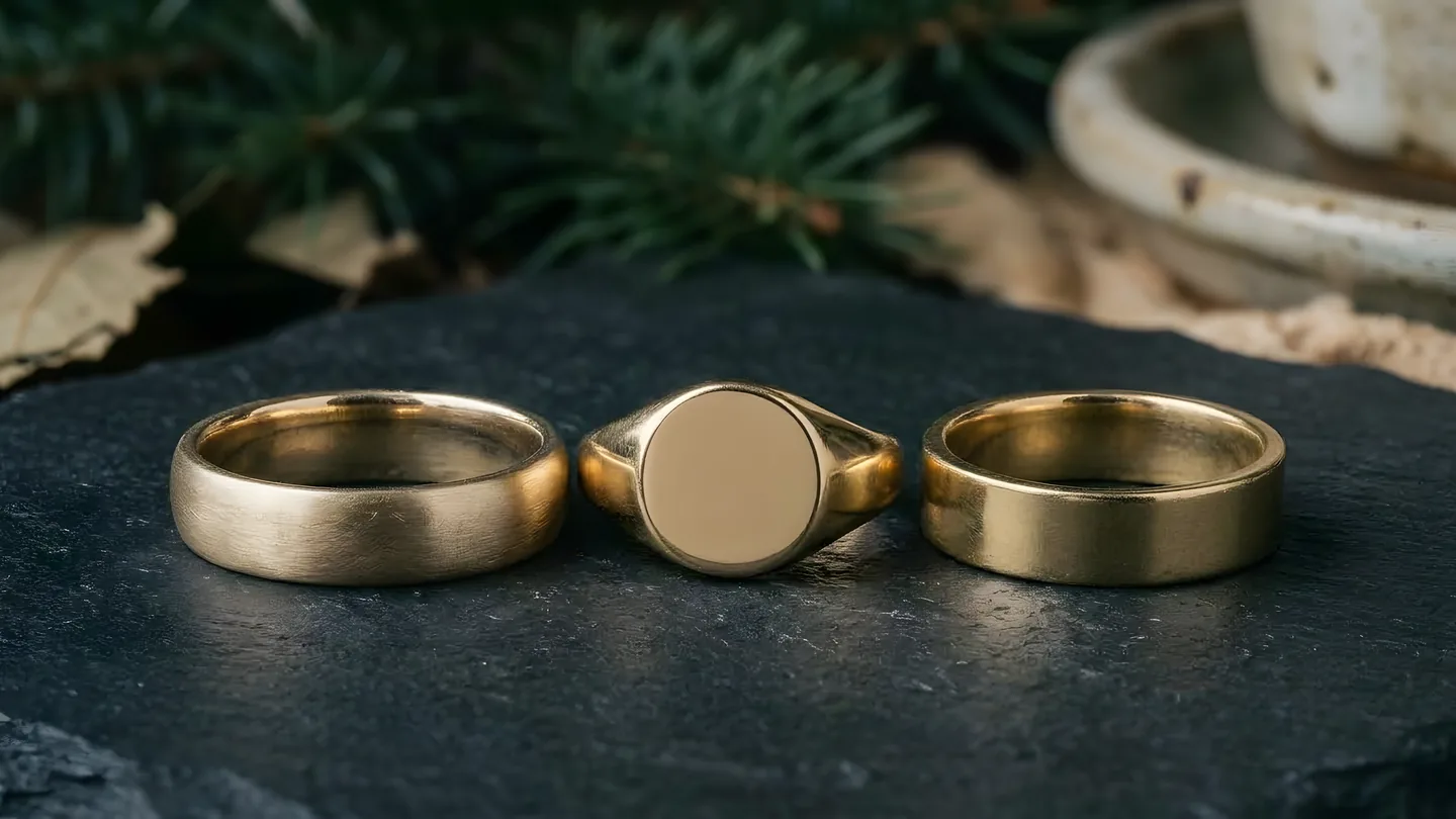 Three plain gold rings on dark slate.