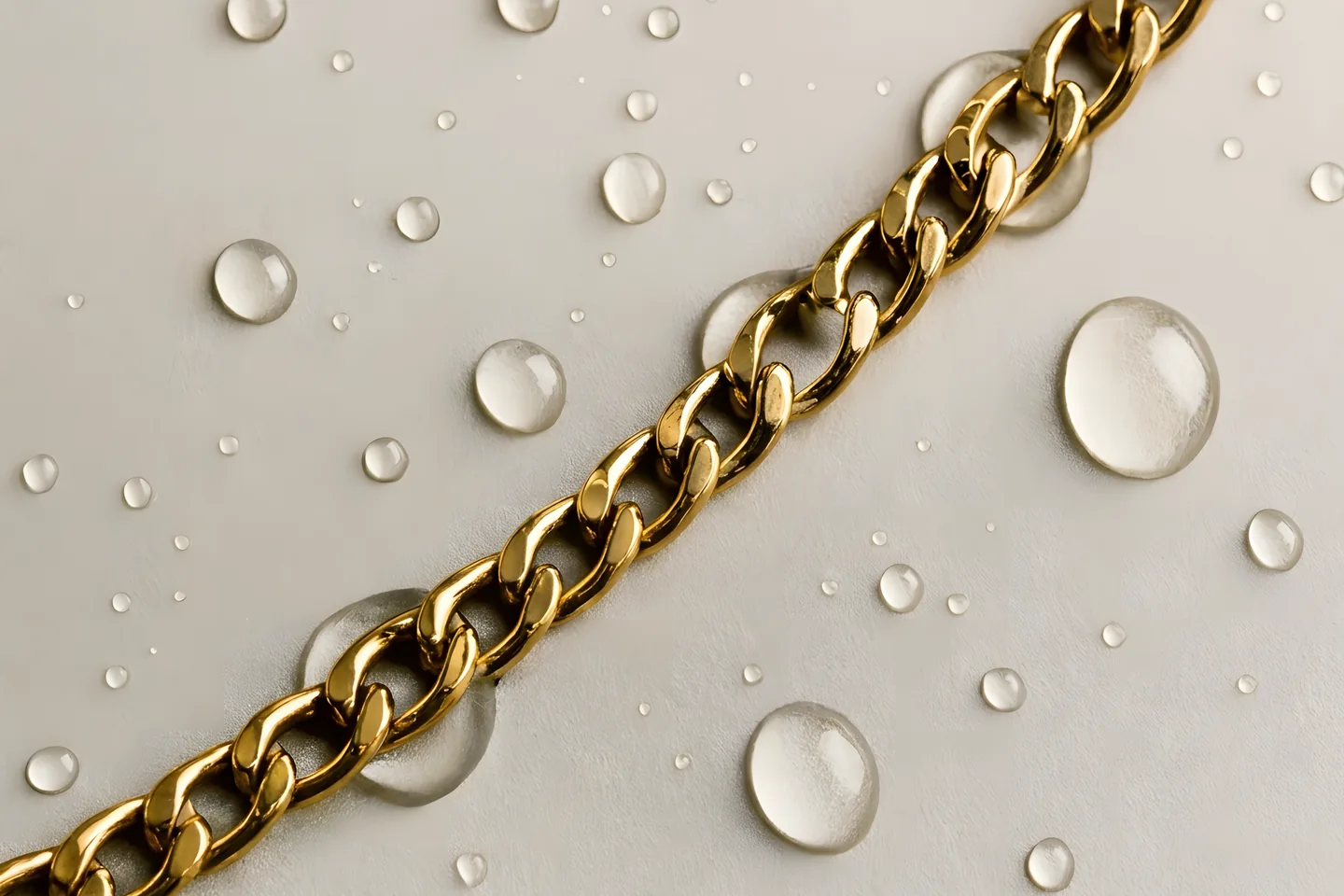 A gold curb chain lying in beads of water, the finish unaffected.